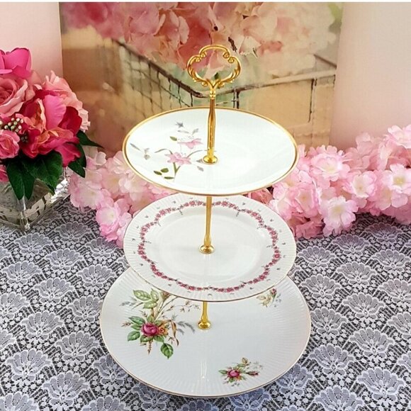 Handmade Pink Floral 3 Tier Cake Stand, Afternoon Tea Dessert Sandwich Tray Gift - Picture 4 of 10